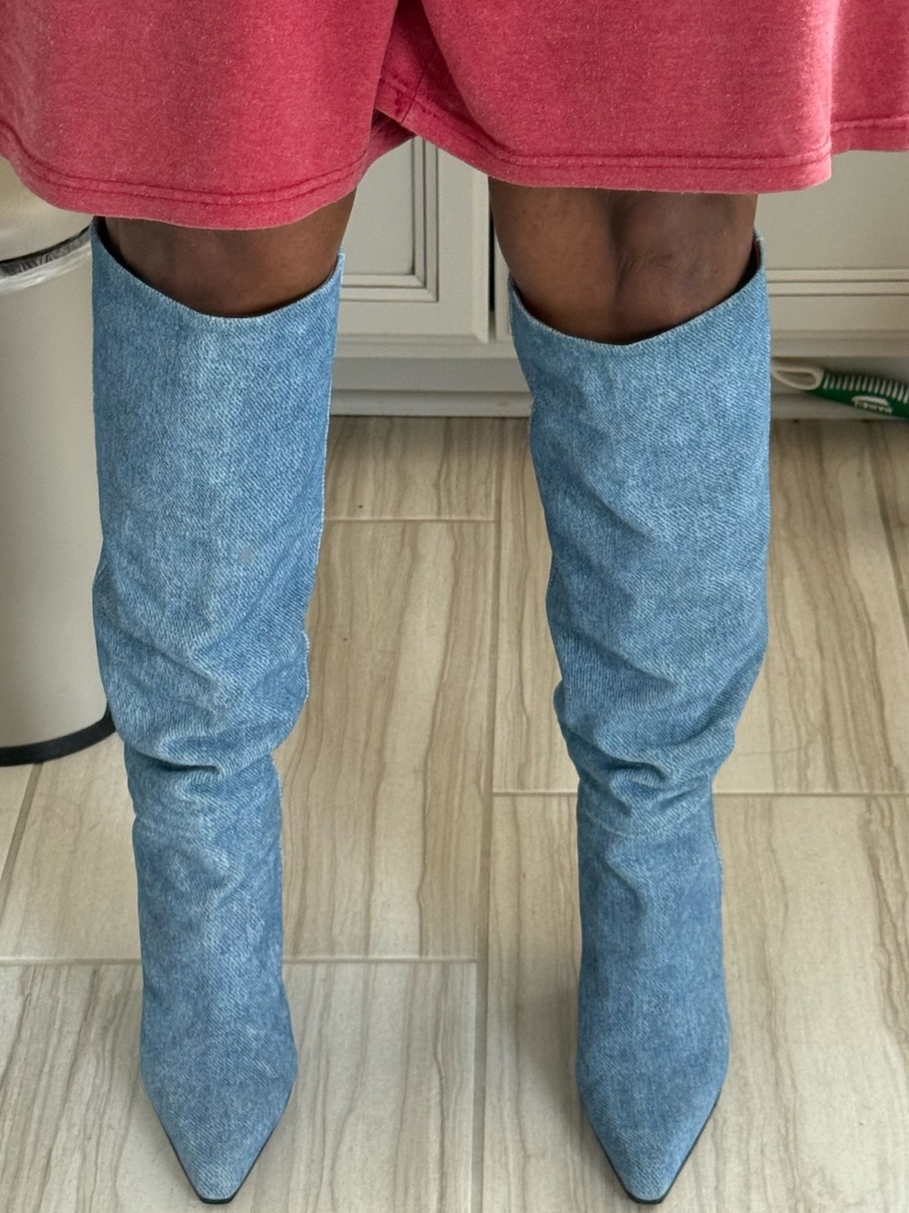 Paris Texas Denim Knee-High Pointed Toe Block Heel Boots